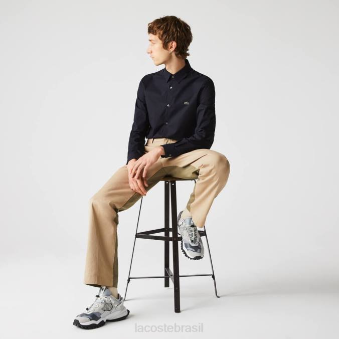 Lacoste homens camisa slim fit de popeline de algodão stretch azul-marinho P2PX1487 roupas