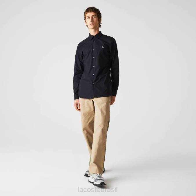 Lacoste homens camisa slim fit de popeline de algodão stretch azul-marinho P2PX1487 roupas