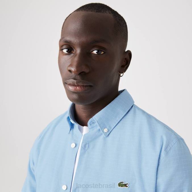 Lacoste homens camisa slim fit xadrez de algodão e linho Branco azulado P2PX1647 roupas