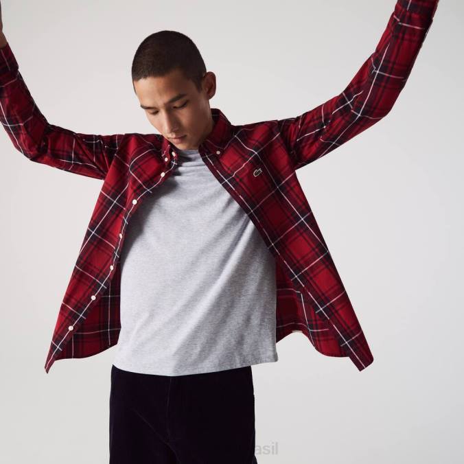 Lacoste homens camisa slim fit xadrez de popeline de algodão stretch bordeaux/preto/branco P2PX1612 roupas