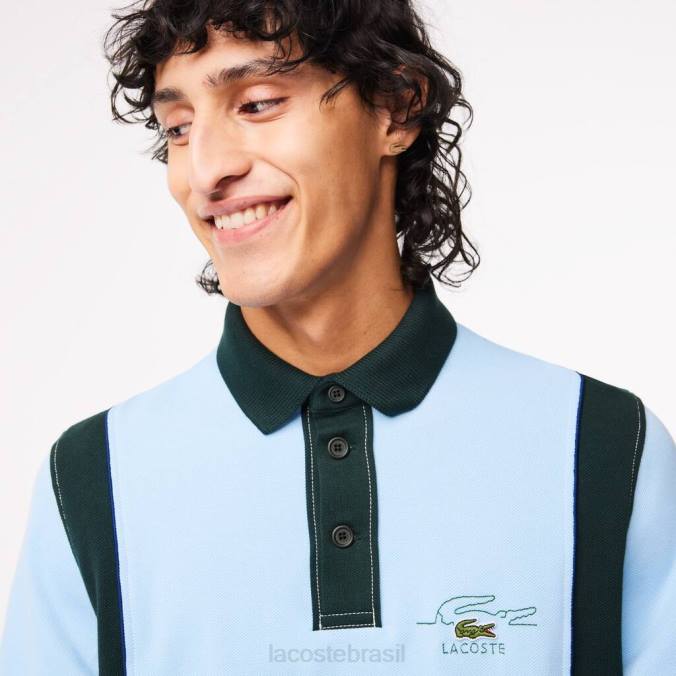 Lacoste homens camisa de rugby de algodão orgânico de manga comprida azul verde P2PX544 roupas
