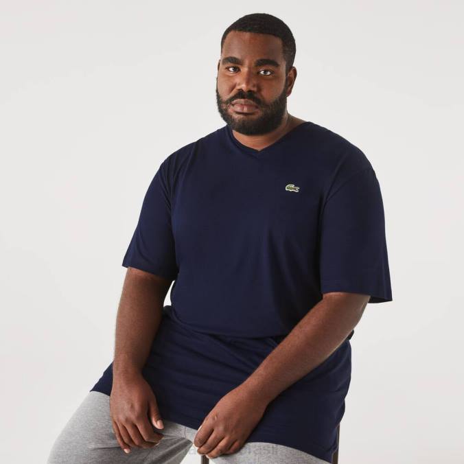 Lacoste homens camisa pólo de algodão com nervuras e decote em V regular fit (plus size) azul-marinho P2PX732 roupas