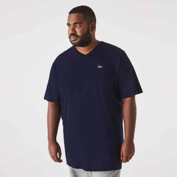 Lacoste homens camisa pólo de algodão com nervuras e decote em V regular fit (plus size) azul-marinho P2PX732 roupas