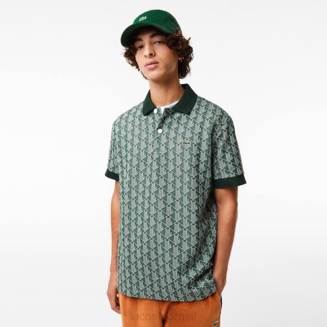 Lacoste homens polo com estampa clássica e monograma verde/bege P2PX72 roupas