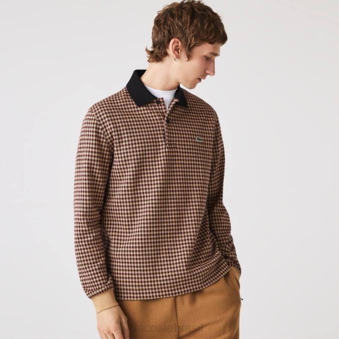 Lacoste homens polo com estampa xadrez de corte relaxado bege/azul marinho/bordô P2PX924 roupas