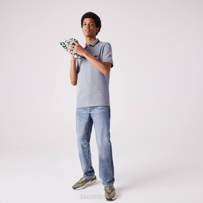 Lacoste homens polo de algodão com acabamento listrado de ajuste regular azul/azul marinho/branco P2PX873 roupas