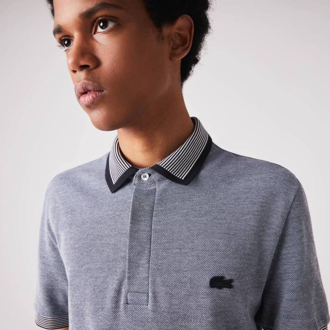 Lacoste homens polo de algodão com acabamento listrado de ajuste regular azul/azul marinho/branco P2PX873 roupas