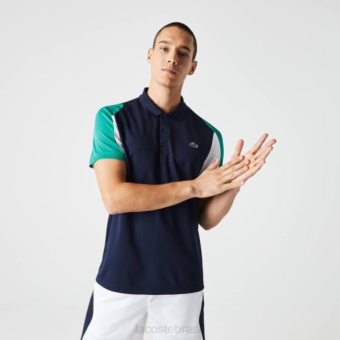 Lacoste homens polo de tênis em piquê resistente à corrida com ajuste regular esportivo azul marinho/verde/branco P2PX557 roupas