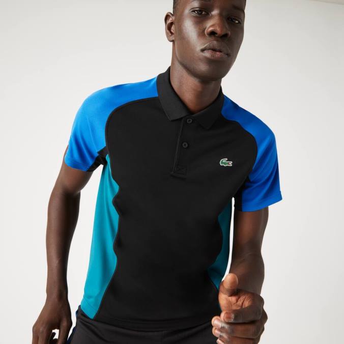 Lacoste homens polo de tênis em piquê termorregulador esportivo preto/azul/verde P2PX780 roupas