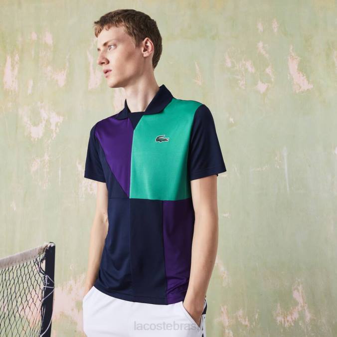 Lacoste homens polo de tênis em piquê ultra-seco esportivo azul marinho/roxo/verde P2PX784 roupas