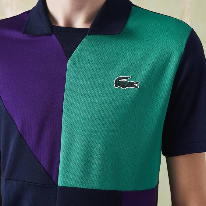 Lacoste homens polo de tênis em piquê ultra-seco esportivo azul marinho/roxo/verde P2PX784 roupas