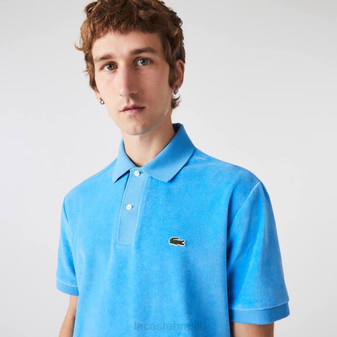 Lacoste homens polo de veludo de algodão com ajuste clássico azul P2PX738 roupas