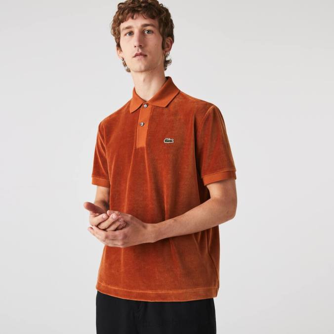 Lacoste homens polo de veludo de algodão com ajuste clássico marrom P2PX739 roupas