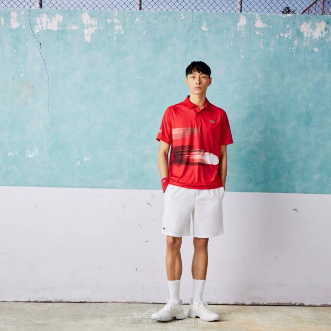 Lacoste homens polo esportiva novak djokovic com estampa stretch vermelho branco P2PX929 roupas