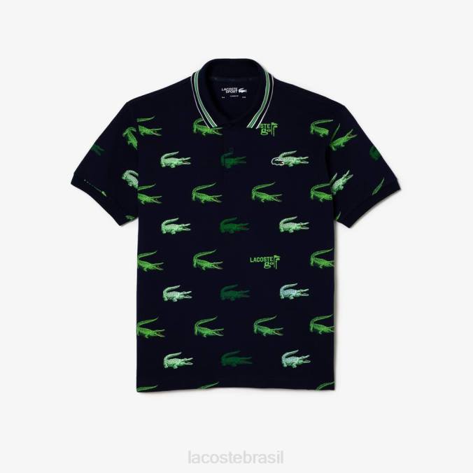 Lacoste homens polo golf com estampa de crocodilo azul marinho/branco/verde P2PX203 roupas