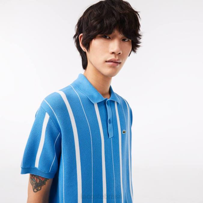 Lacoste homens polo listrada em algodão orgânico Branco azulado P2PX441 roupas