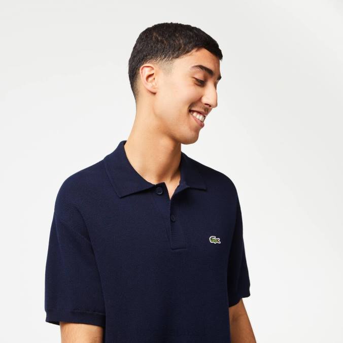 Lacoste homens polo listrada em algodão orgânico azul-marinho P2PX440 roupas