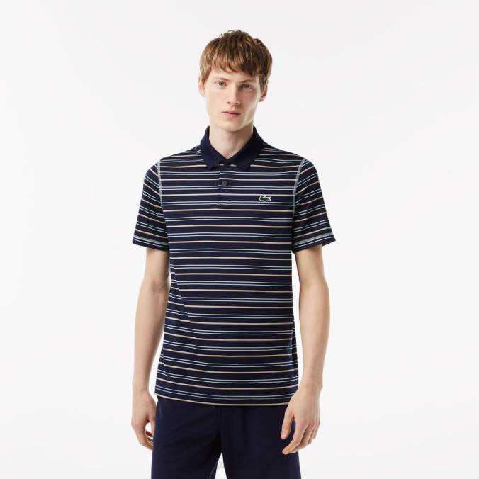 Lacoste homens polo listrado de poliéster reciclado de golfe azul marinho/verde claro/branco/bege P2PX116 roupas