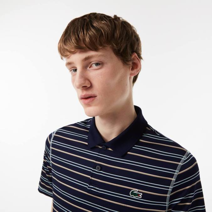 Lacoste homens polo listrado de poliéster reciclado de golfe azul marinho/verde claro/branco/bege P2PX116 roupas