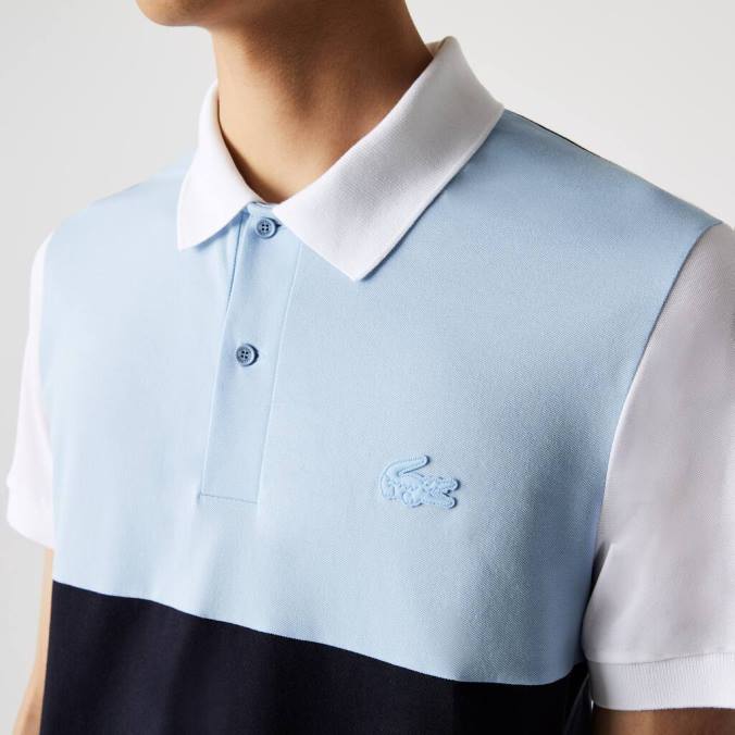 Lacoste homens polo piquê colorblock leve e respirável de ajuste regular azul marinho/azul claro/branco P2PX867 roupas