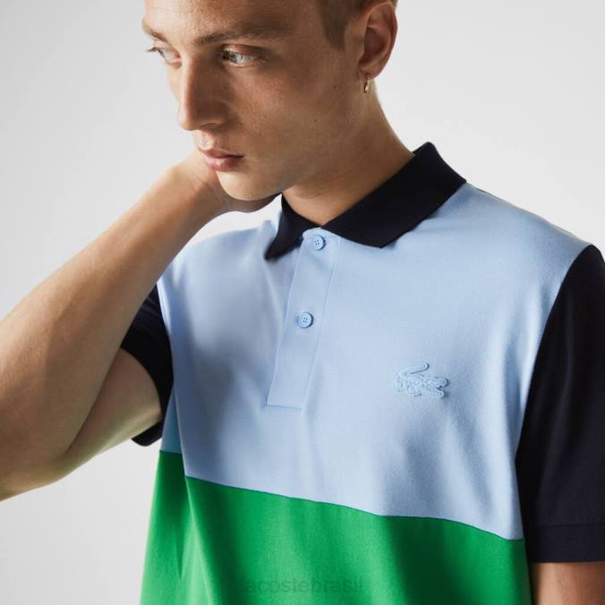 Lacoste homens polo piquê colorblock leve e respirável de ajuste regular verde/azul claro/azul marinho P2PX868 roupas