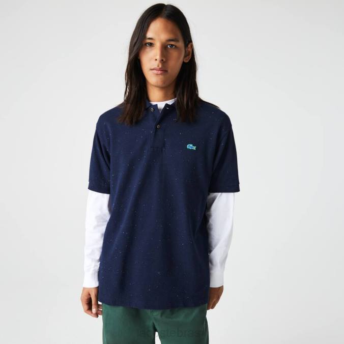 Lacoste homens polo piquê de algodão com estampa manchada de ajuste clássico azul-marinho P2PX591 roupas