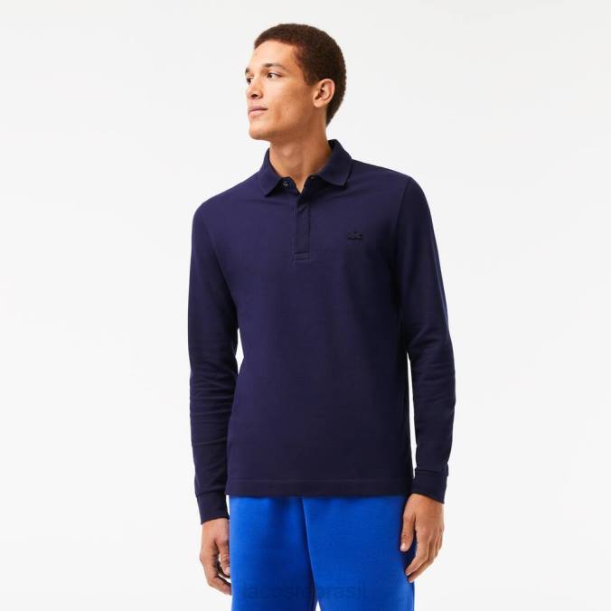Lacoste homens polo piquê de algodão elástico de manga comprida smart paris azul-marinho P2PX665 roupas