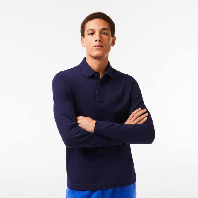 Lacoste homens polo piquê de algodão elástico de manga comprida smart paris azul-marinho P2PX665 roupas