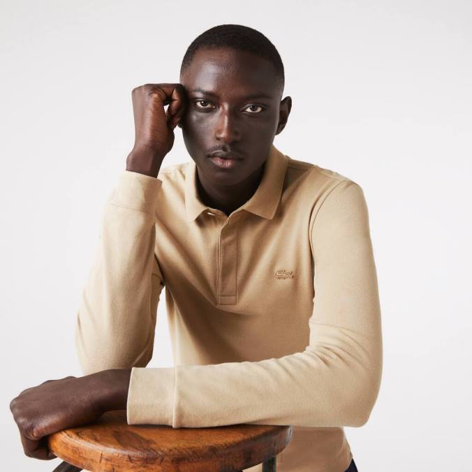 Lacoste homens polo piquê de algodão elástico de manga comprida smart paris bege P2PX1297 roupas