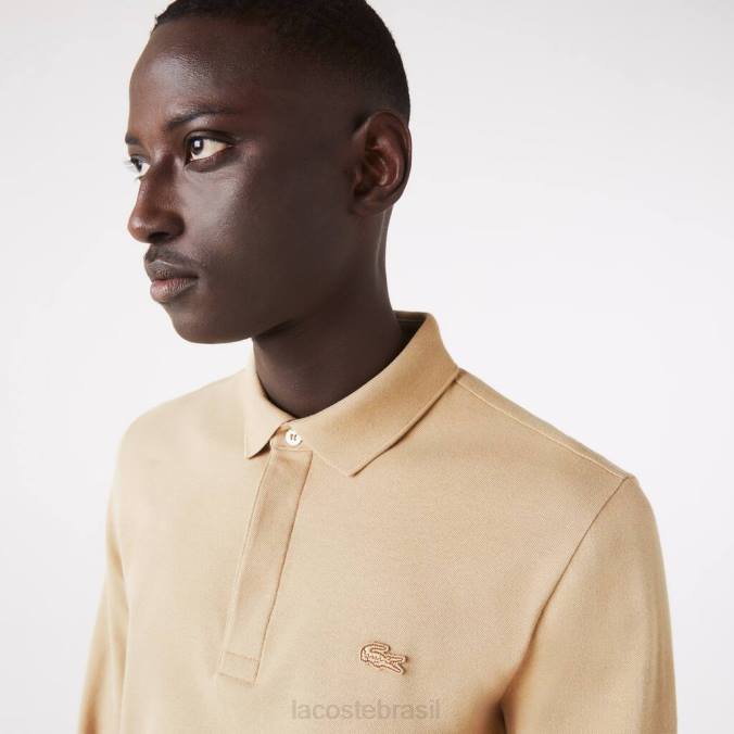 Lacoste homens polo piquê de algodão elástico de manga comprida smart paris bege P2PX1297 roupas