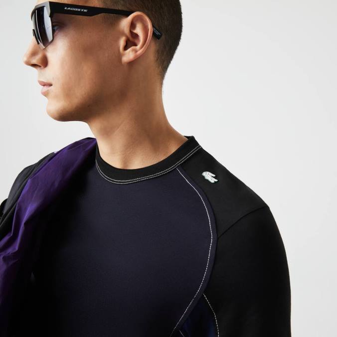 Lacoste homens Camiseta Heritage Regular Fit Color Block Stretch Piquê azul marinho/preto P2PX820 roupas