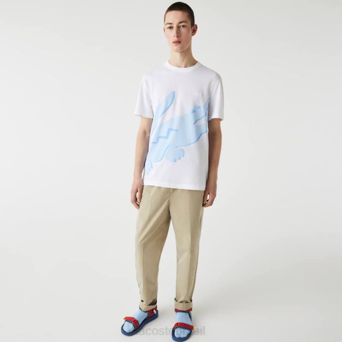 Lacoste homens Camiseta de algodão orgânico elástico com estampa de crocodilo e gola redonda branco P2PX637 roupas