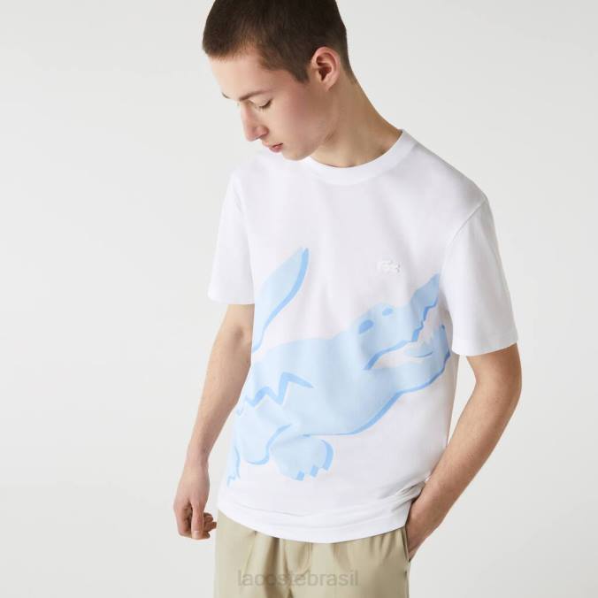 Lacoste homens Camiseta de algodão orgânico elástico com estampa de crocodilo e gola redonda branco P2PX637 roupas