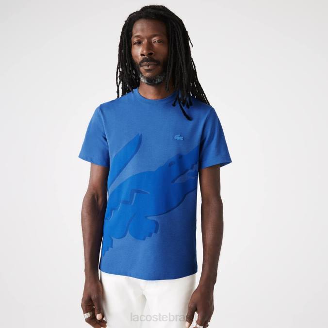 Lacoste homens Camiseta de algodão orgânico elástico com estampa de crocodilo e gola redonda chinelo azul P2PX639 roupas