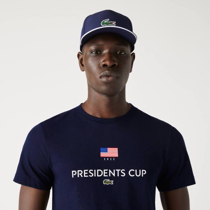 Lacoste homens camiseta com bandeira americana esportiva da copa dos presidentes azul-marinho P2PX862 roupas
