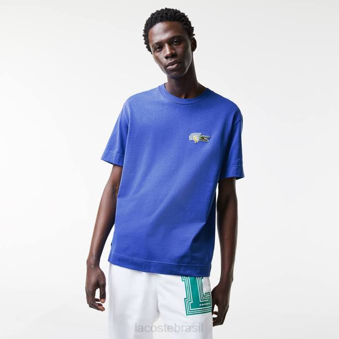 Lacoste homens camiseta com distintivo de efeito cômico de ajuste relaxado azul P2PX742 roupas