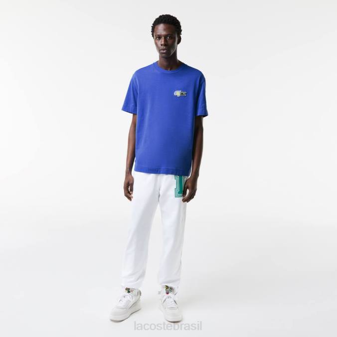 Lacoste homens camiseta com distintivo de efeito cômico de ajuste relaxado azul P2PX742 roupas