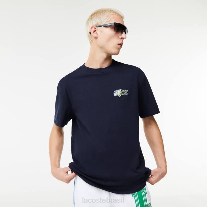 Lacoste homens camiseta com distintivo de efeito cômico de ajuste relaxado azul-marinho P2PX741 roupas