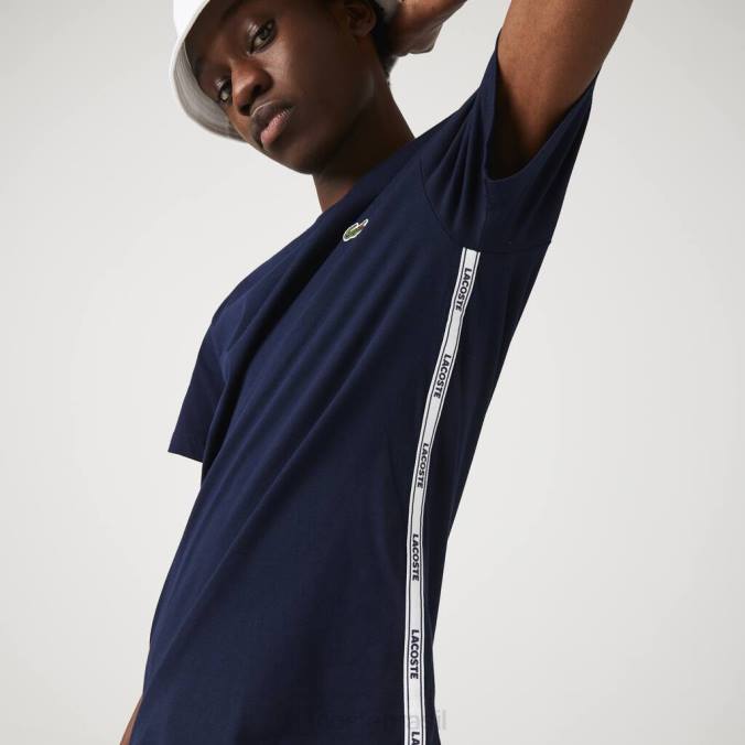 Lacoste homens camiseta de algodão com gola redonda e bandas de marca azul-marinho P2PX909 roupas