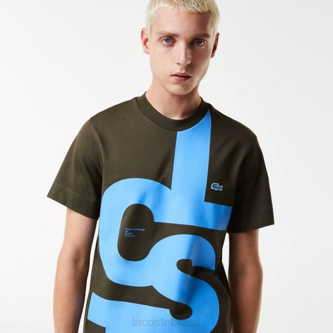 Lacoste homens camiseta de algodão com letras contrastantes de ajuste regular verde cáqui P2PX567 roupas