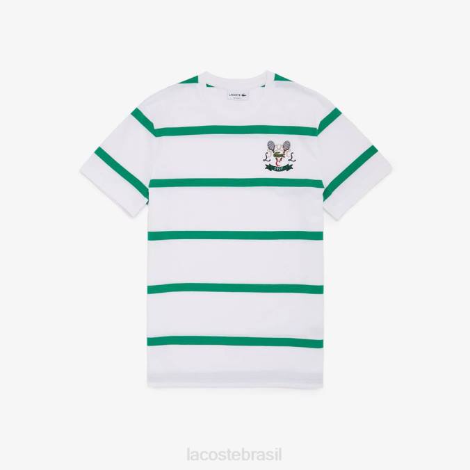 Lacoste homens camiseta de algodão listrada com gola redonda bordada para tênis Branco Verde P2PX805 roupas