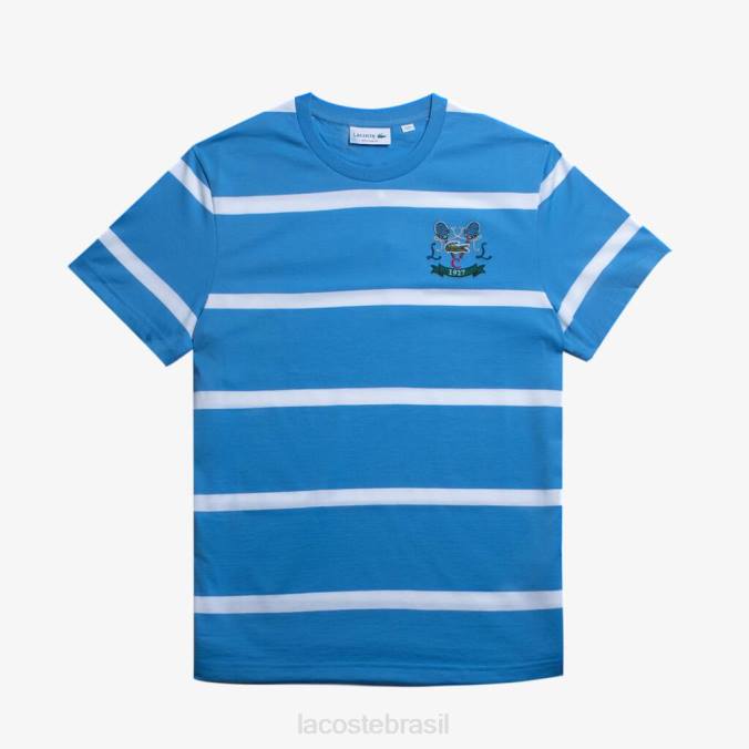 Lacoste homens camiseta de algodão listrada com gola redonda bordada para tênis Branco azulado P2PX804 roupas