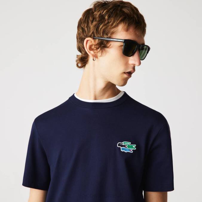 Lacoste homens camiseta de algodão orgânico crocodilos coloridos com gola redonda azul-marinho P2PX920 roupas