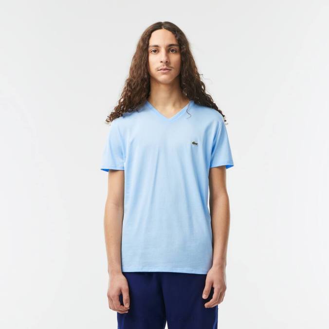 Lacoste homens camiseta em jersey de algodão pima com decote em V azul P2PX624 roupas