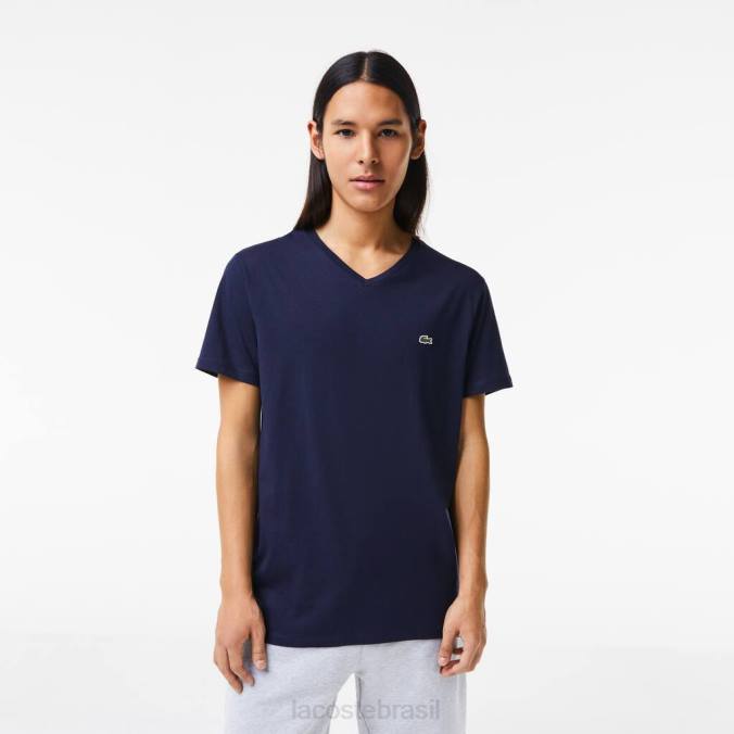 Lacoste homens camiseta em jersey de algodão pima com decote em V azul-marinho P2PX42 roupas