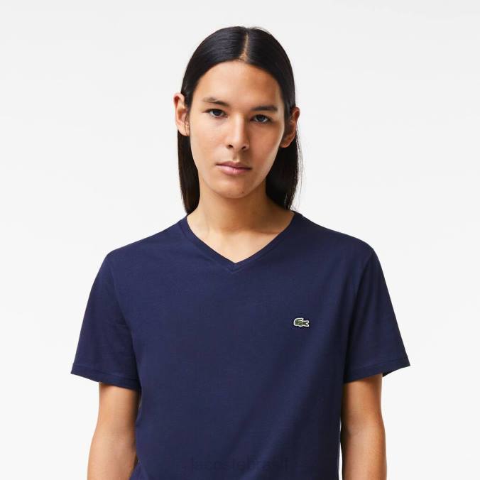 Lacoste homens camiseta em jersey de algodão pima com decote em V azul-marinho P2PX42 roupas