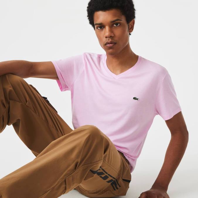 Lacoste homens camiseta em jersey de algodão pima com decote em V rosa P2PX615 roupas