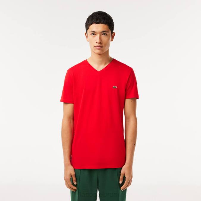 Lacoste homens camiseta em jersey de algodão pima com decote em V vermelho P2PX617 roupas