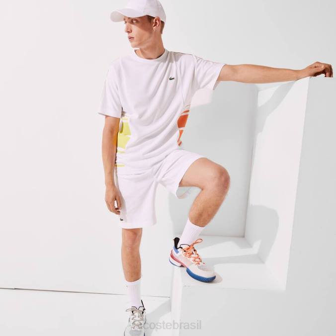 Lacoste homens camiseta esportiva com faixas gráficas e gola redonda em piquê branco/amarelo/laranja P2PX1922 roupas