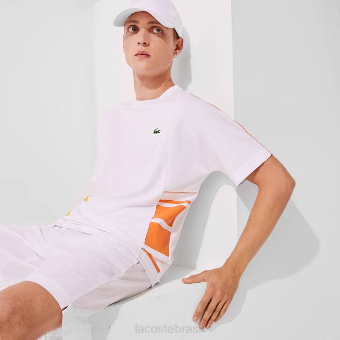 Lacoste homens camiseta esportiva com faixas gráficas e gola redonda em piquê branco/amarelo/laranja P2PX1922 roupas
